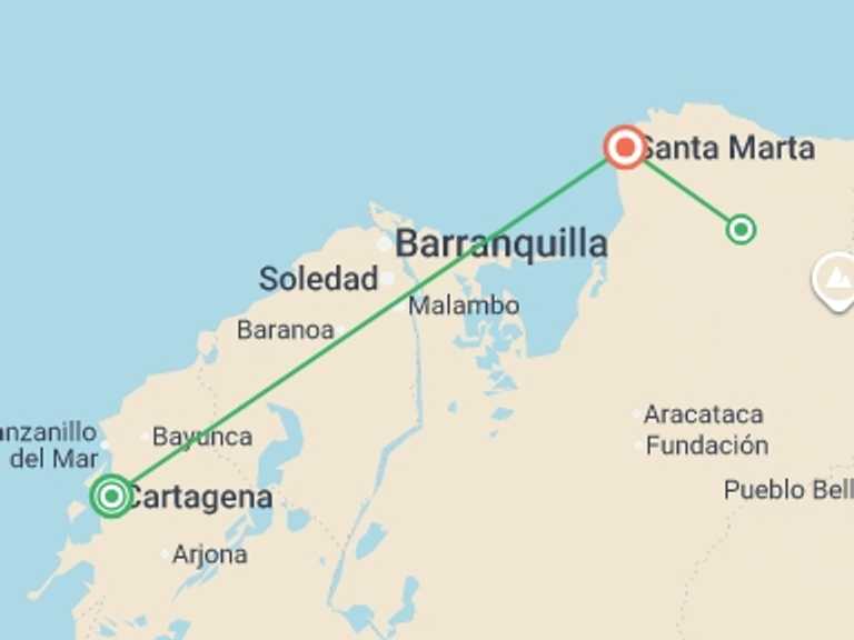 Map itinerary of Andes Tour in April 2026 with 3 destination visits for the trip: Lost City Trekking in Colombia
