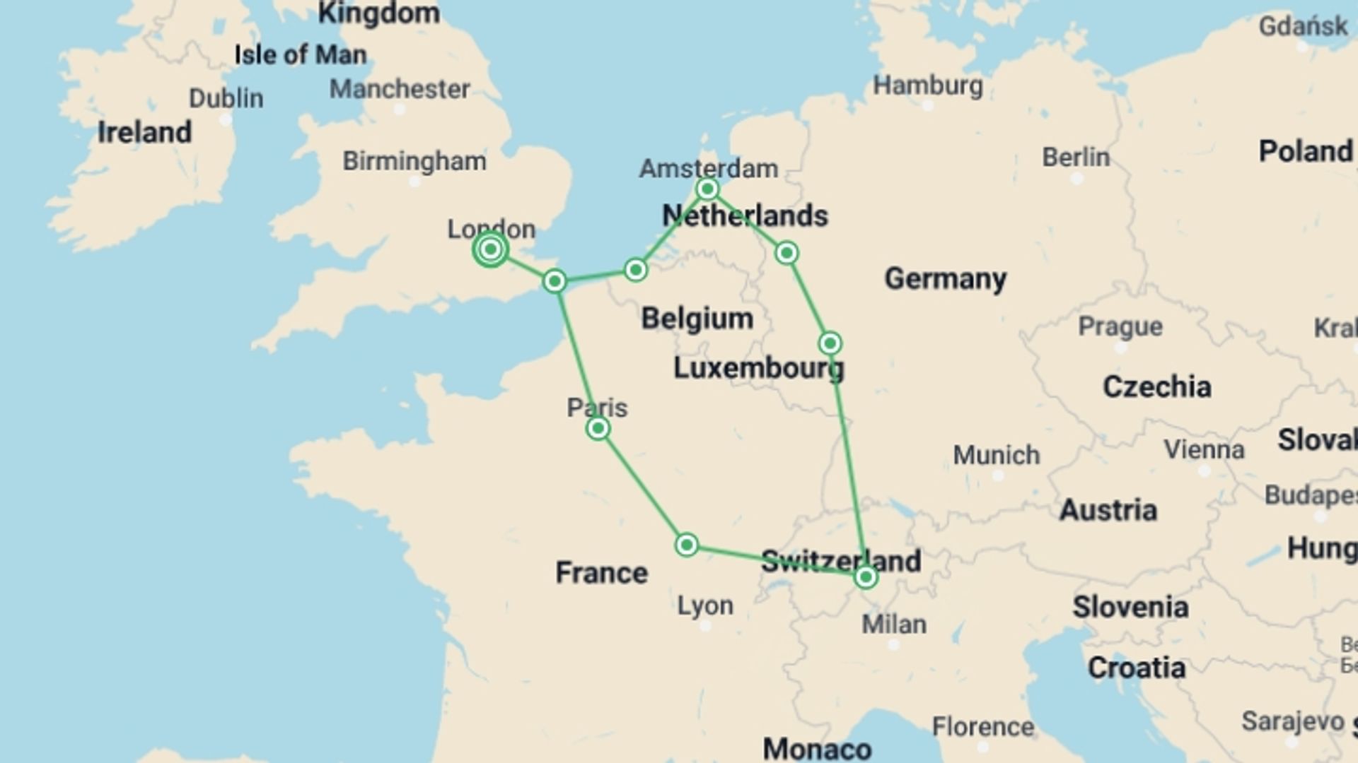 A map showing the tour itinerary for the trip: Europe Taster, starting in London, England and ending in London, England going through 5 other destinations.