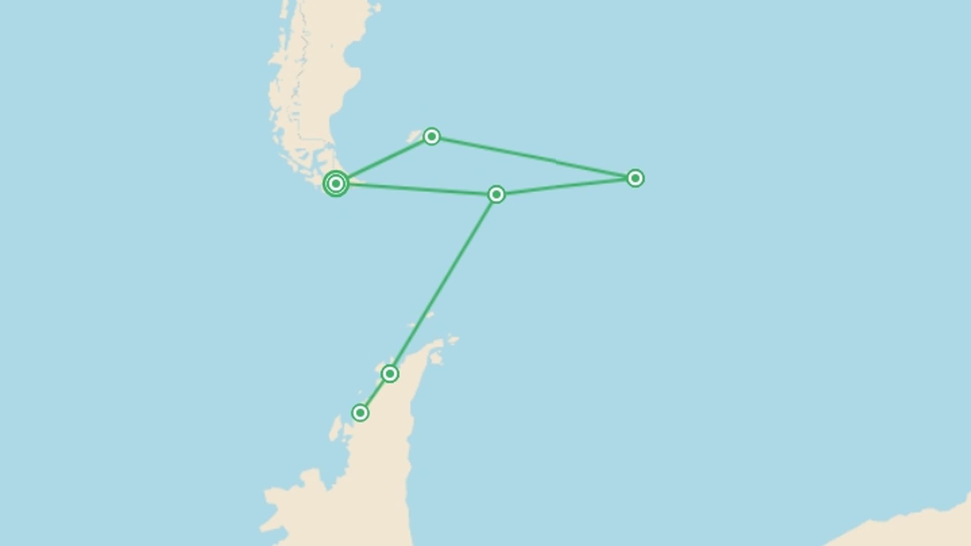 A map showing the tour itinerary for the trip: Ultimate Antarctica: Falklands, South Georgia & the Antarctic Circle, starting in Ushuaia, Argentina and ending in Ushuaia, Argentina going through 5 other destinations.