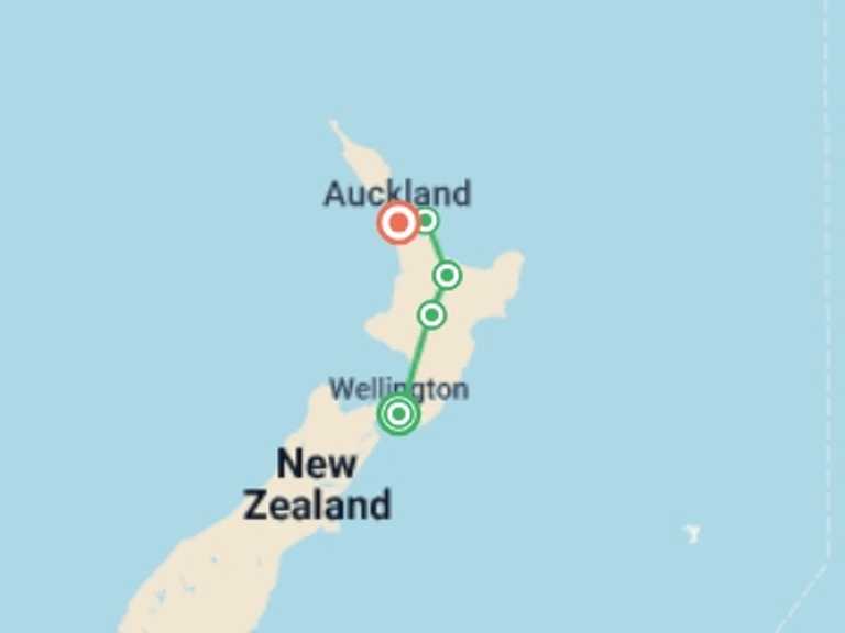 Map itinerary of Auckland Tour in June 2027 with 5 destination visits for the trip: New Zealand Northern Trail (Northbound)