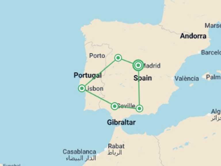 Map itinerary of Europe Tour in January 2027 with 5 destination visits for the trip: Amazing Spain and Portugal