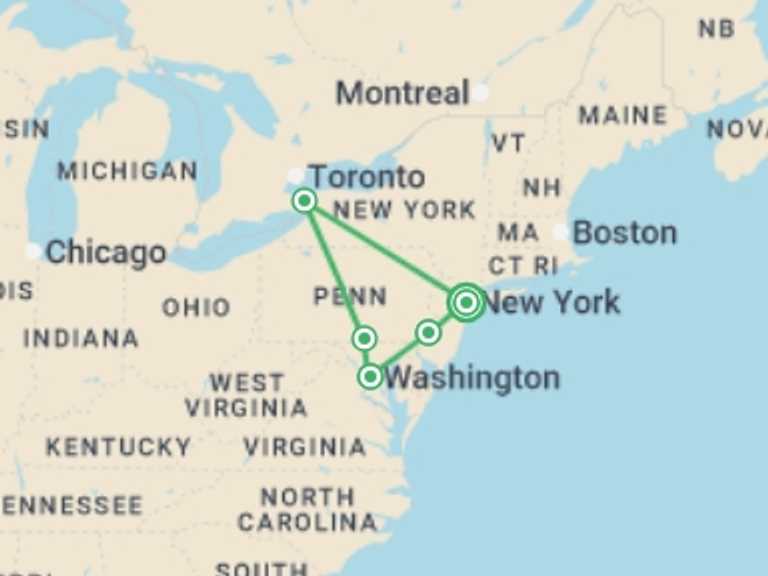 Map of North America City sightseeing Tour with 5 destination visits for the trip: Great American Eastern Cities