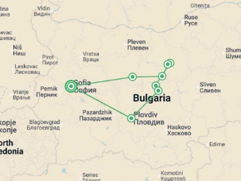 Map itinerary of Europe Tour in July 2026 with 3 destination visits for the trip: Bulgarian Triangle