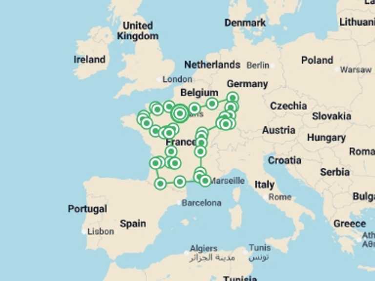 Map itinerary of Strasbourg Tour in October 2025 with 14 destination visits for the trip: French passion and the Black Forest