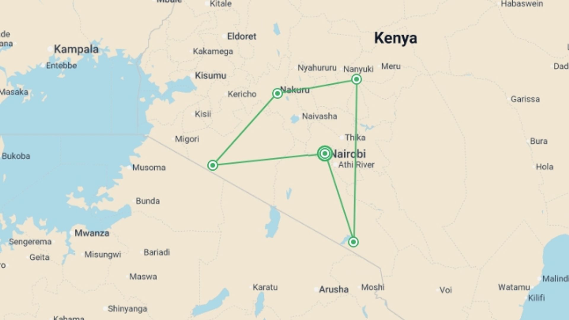 A map showing the tour itinerary for the trip: Kenyan Discovery, starting in Nairobi, Kenya and ending in Nairobi, Kenya going through 5 other destinations.