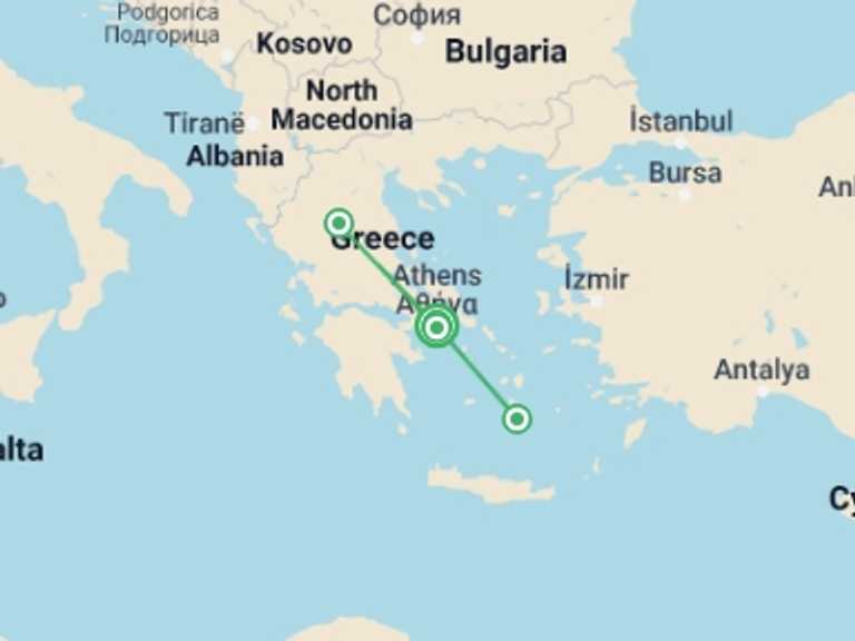 Map of Europe Volcanoes Tour with 6 destination visits for the trip: Highlights of Greece Tour - 8 Days