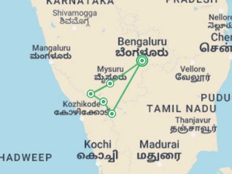 Map of South Asia Tour with 6 destination visits for the trip: Karnataka Tour with Wildlife