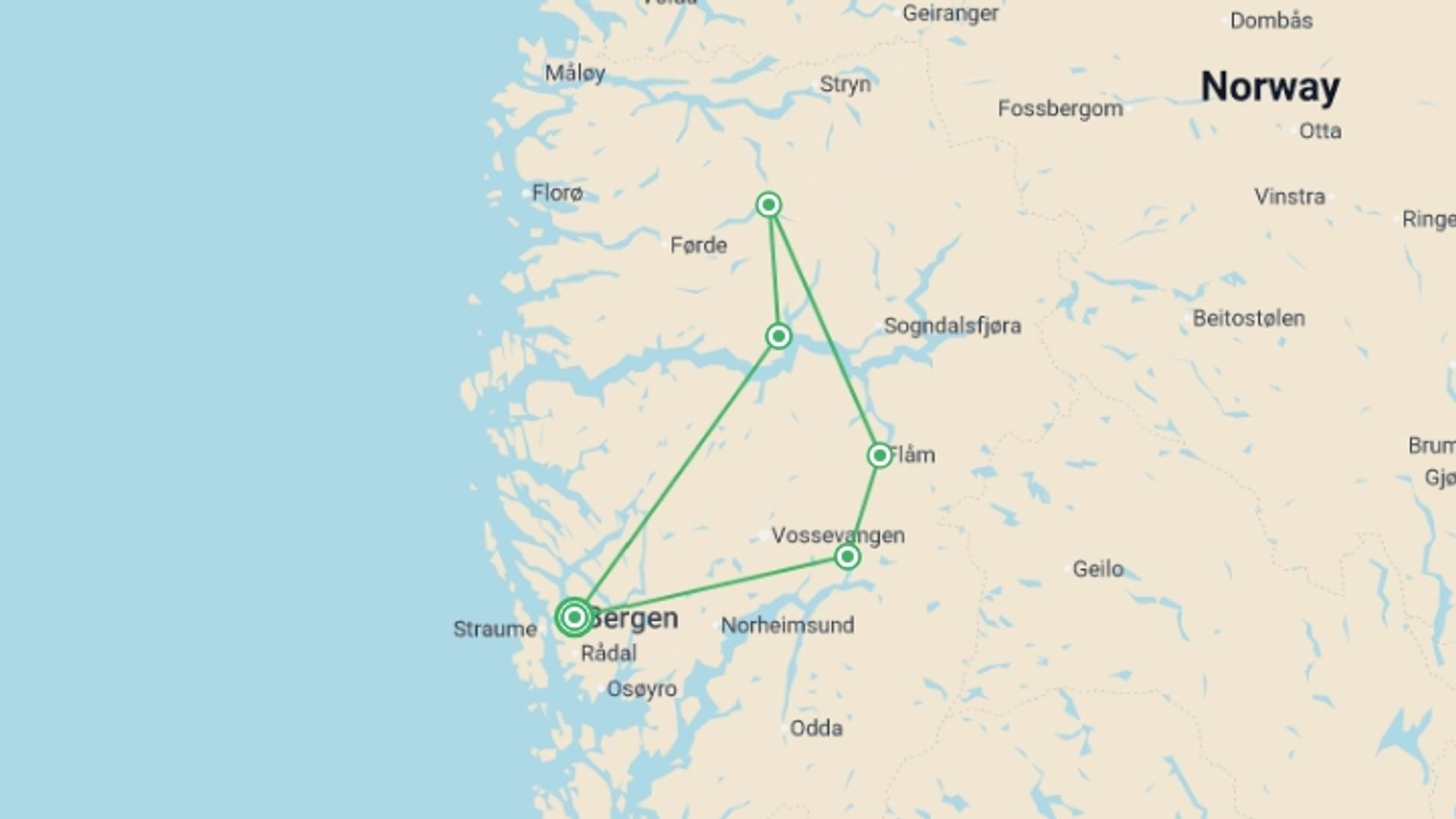A map showing the tour itinerary for the trip: Norwegian Fjords Self Drive - 8 days, starting in Bergen, Norway and ending in Bergen, Norway going through 3 other destinations.