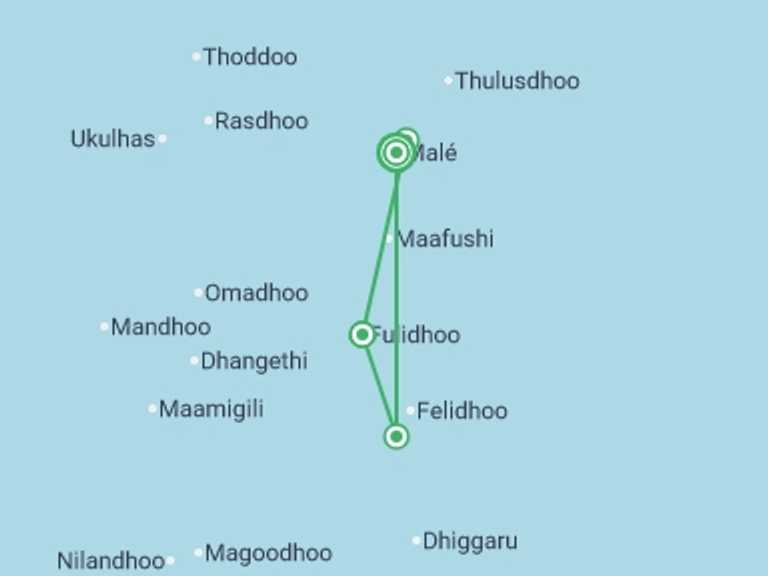 Map of 8-Day Maldives Tour with 4 destination visits for the trip: Maldives Island Escape