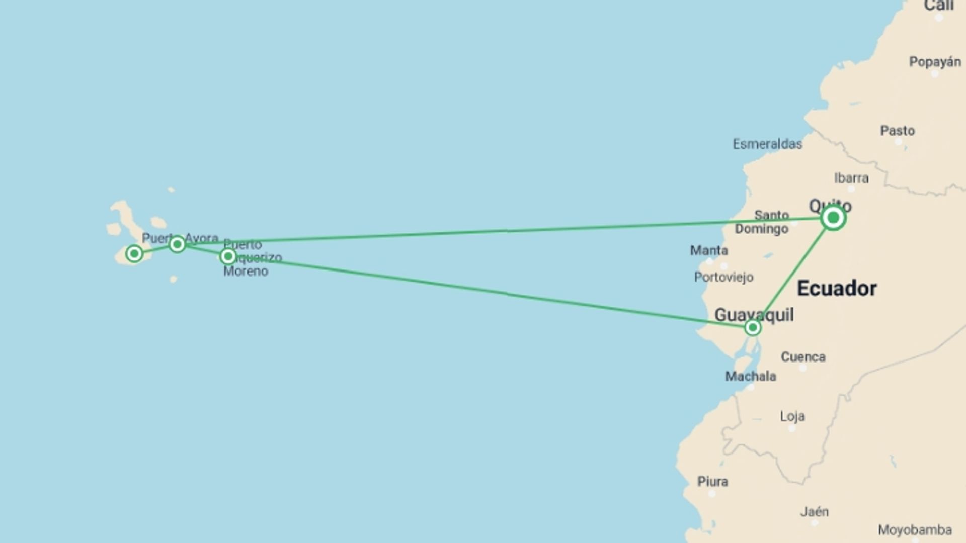 A map showing the tour itinerary for the trip: Galapagos Island Hopper, starting in Quito, Ecuador and ending in Quito, Ecuador going through 4 other destinations.