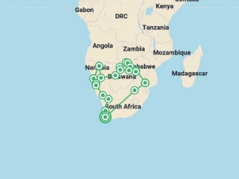 Map itinerary of Africa Tour in Fall with 19 destination visits for the trip: Highlights of Southern Africa