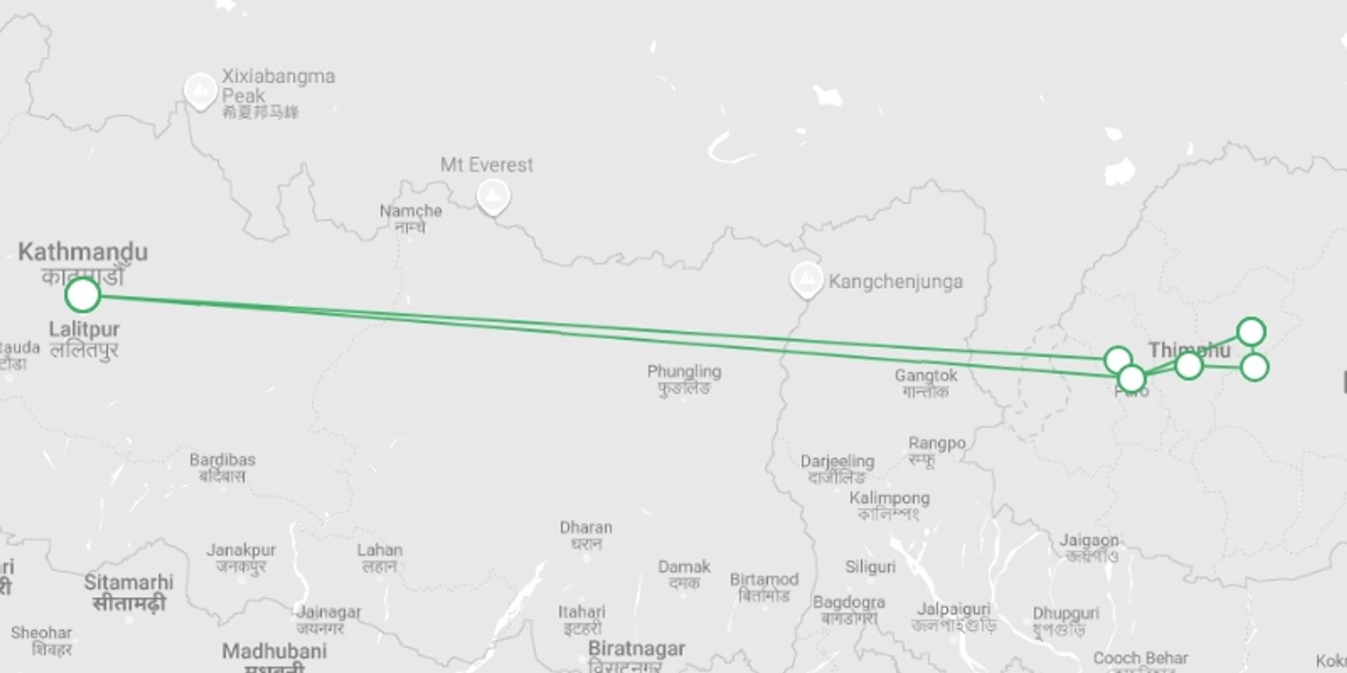 A map showing the tour itinerary for the trip: Festivals of Bhutan, starting in Kathmandu, Nepal and ending in Kathmandu, Nepal going through 5 other destinations.