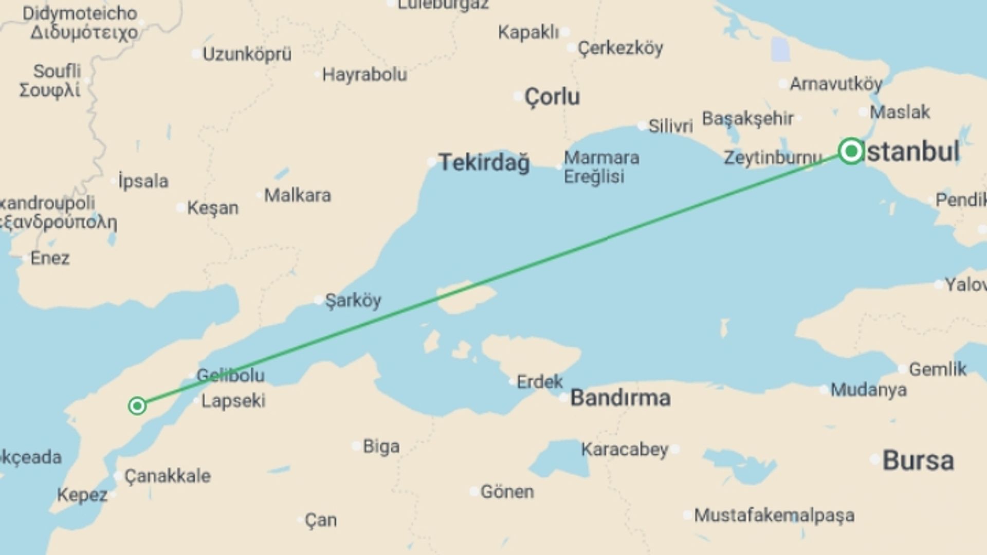 A map showing the tour itinerary for the trip: ANZAC Day - Trooper Tour, starting in Istanbul, Turkey and ending in Istanbul, Turkey going through 1 other destinations.