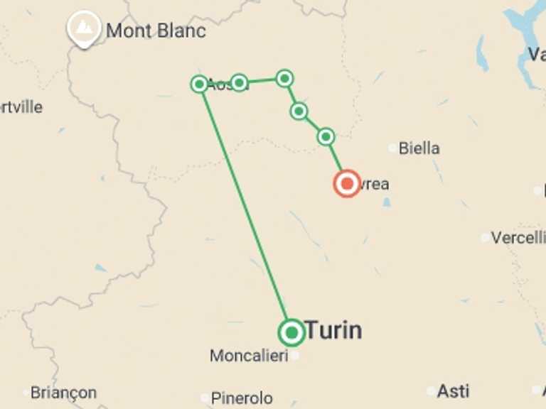 Map itinerary of Europe Tour in September 2026 with 8 destination visits for the trip: Via Francigena: Aosta to Ivrea