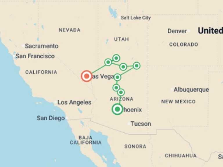 Map of Bryce Canyon National Park Tour with 7 destination visits for the trip: Pioneer Adventures of the Old West