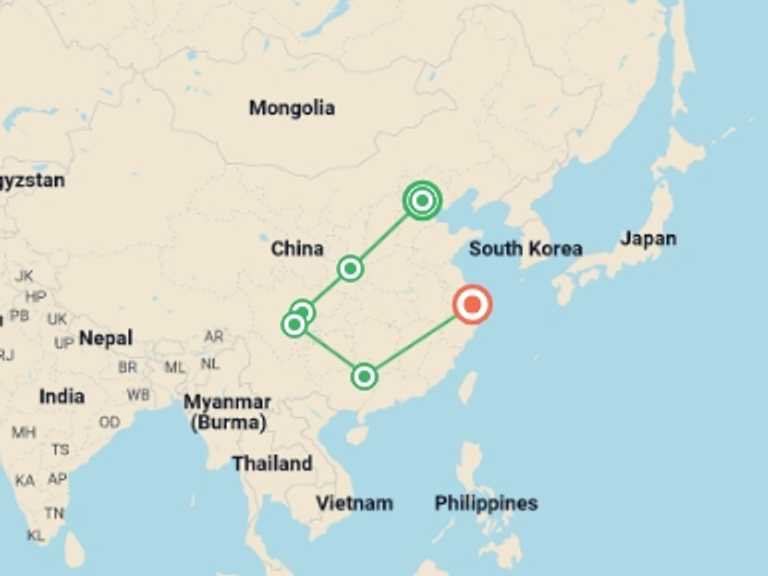 Map itinerary of Asia Tour in March 2027 with 6 destination visits for the trip: Highlights of China