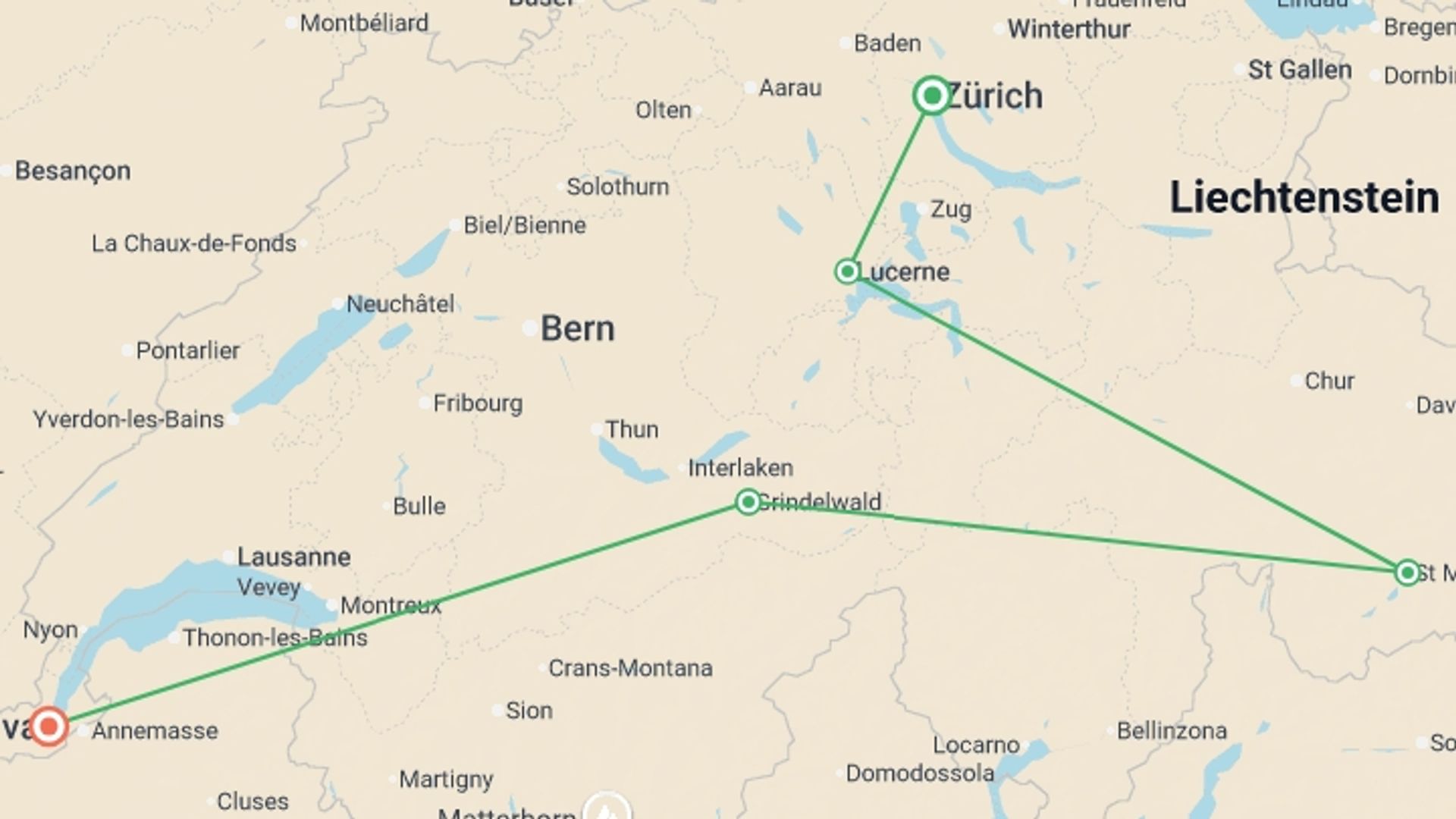 A map showing the tour itinerary for the trip: Magical Switzerland, starting in Zurich, Switzerland and ending in Geneva, Switzerland going through 3 other destinations.