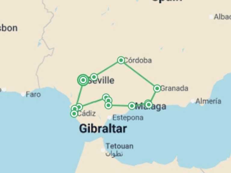 Map itinerary of Mediterranean Tour in May 2026 with 5 destination visits for the trip: Discovering the Soul of Andalusia
