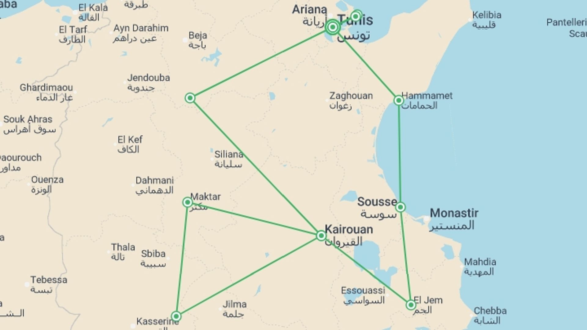 A map showing the tour itinerary for the trip: Step Back Into The Millennium, Small Group Tour, starting in Tunis, Tunisia and ending in Tunis, Tunisia going through 2 other destinations.