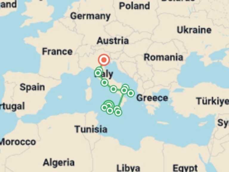 Map itinerary of Bari Tour in August 2026 with 13 destination visits for the trip: Premium Sicily and Italy in Depth