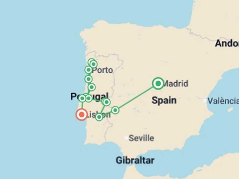 Map itinerary of Mediterranean Tour in October 2026 with 6 destination visits for the trip: Northern and Southern Portugal end Lisbon