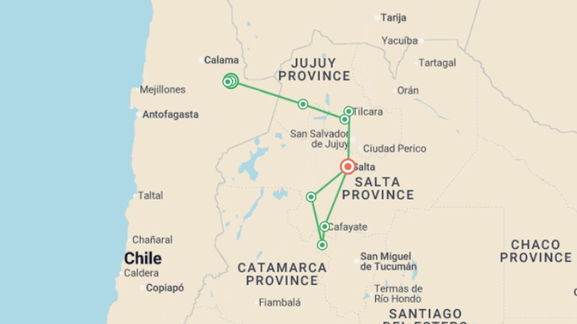 A map showing the tour itinerary for the trip: Cycle Chile & Argentina: Atacama to Salta, starting in San Pedro De Atacama, Chile and ending in Salta, Argentina going through 7 other destinations.
