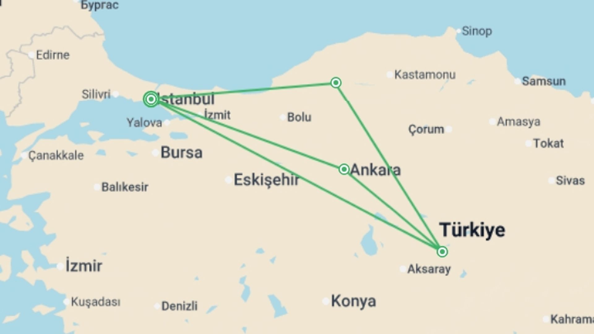 A map showing the tour itinerary for the trip: Turkish colours, starting in Istanbul, Turkey and ending in Istanbul, Turkey going through 3 other destinations.