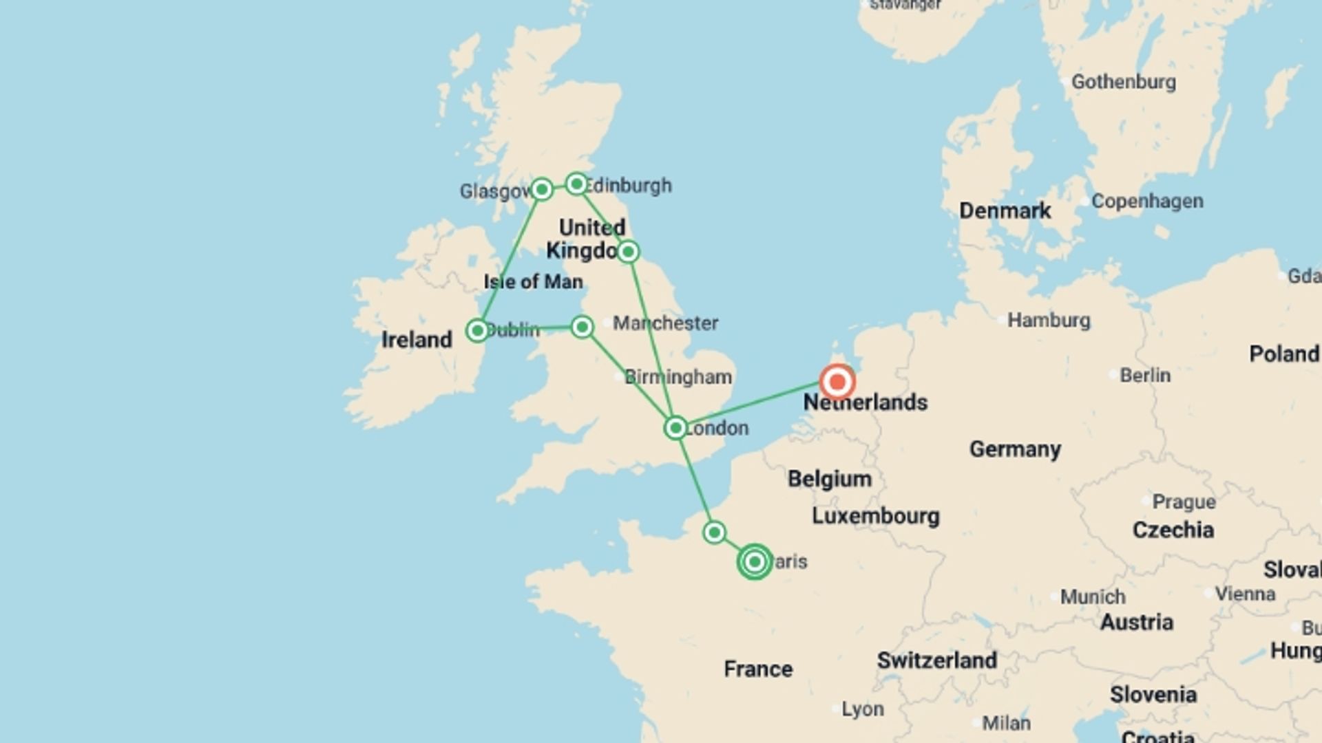 A map showing the tour itinerary for the trip: Atlantic Ring, starting in Paris, France and ending in Amsterdam, Holland going through 8 other destinations.