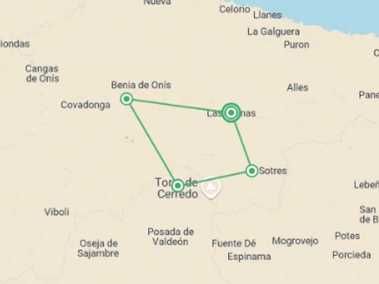 Map itinerary of Spain Tour in July 2027 with 4 destination visits for the trip: Hike Spain’s Picos de Europa