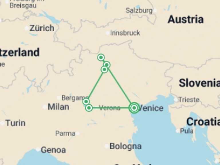Map of Italy Active and outdoor Tour with 7 destination visits for the trip: Cycle Dolomites, Lake Garda and Venice