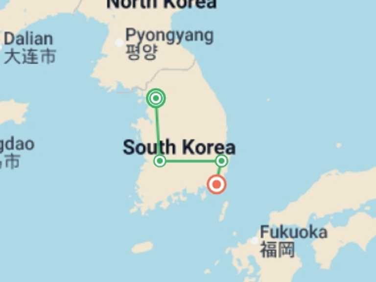 Map itinerary of South Korea Tour in Spring with 4 destination visits for the trip: South Korea Highlights Tour