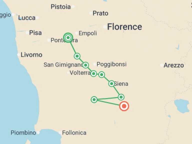 Map itinerary of Mediterranean Tour in September 2026 with 9 destination visits for the trip: Via Francigena: Best of Tuscany