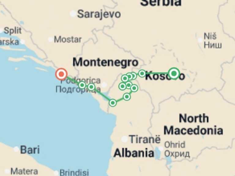 Map of 8-Day Kotor Tour with 9 destination visits for the trip: Balkans High Trails and Culture Guided Hike