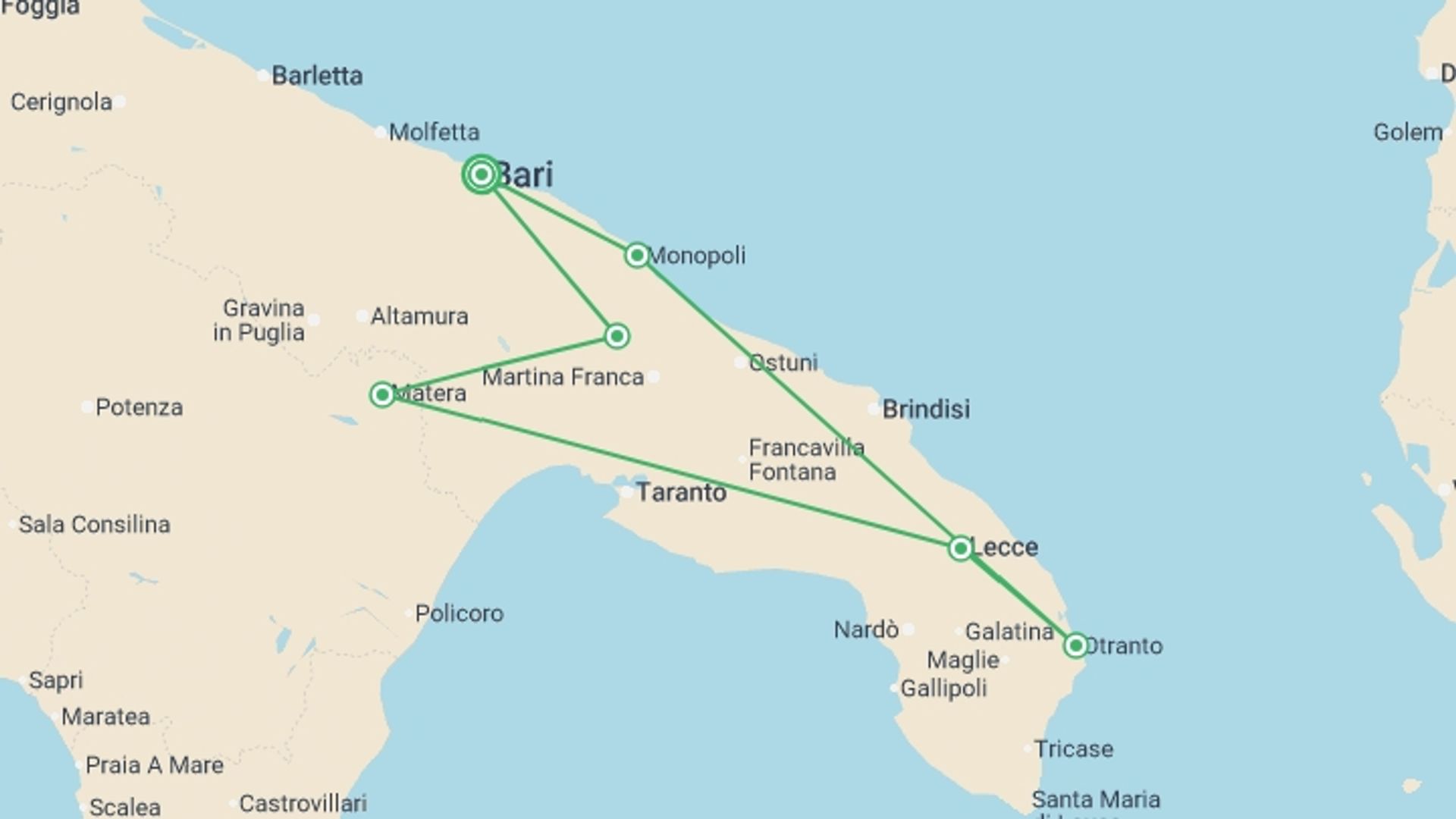 A map showing the tour itinerary for the trip: Perfect Puglia 2026 - 8 days, starting in Bari, Italy and ending in Bari, Italy going through 5 other destinations.