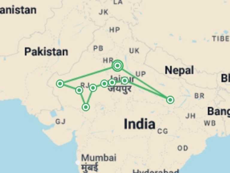 Map of South Asia Cultural, religious and historic sites Tour with 9 destination visits for the trip: North India Revealed