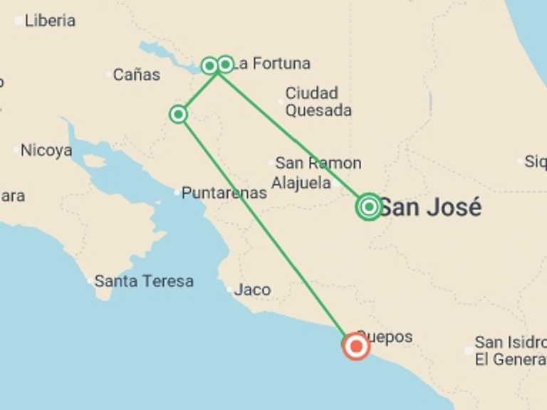 Map itinerary of Costa Rica Tour in July 2026 with 6 destination visits for the trip: Solo-ish Costa Rica
