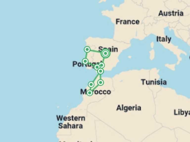 Map itinerary of Europe Tour in May 2026 with 9 destination visits for the trip: Iberian Capitals, Andalucia & Morocco - 17 days