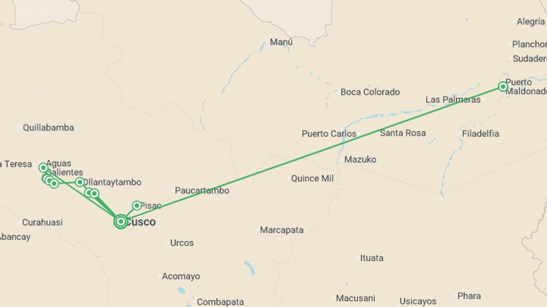 A map showing the tour itinerary for the trip: Machu Picchu Trek & Amazon Combo 15D/14N, starting in Cusco, Peru and ending in Cusco, Peru going through 4 other destinations.
