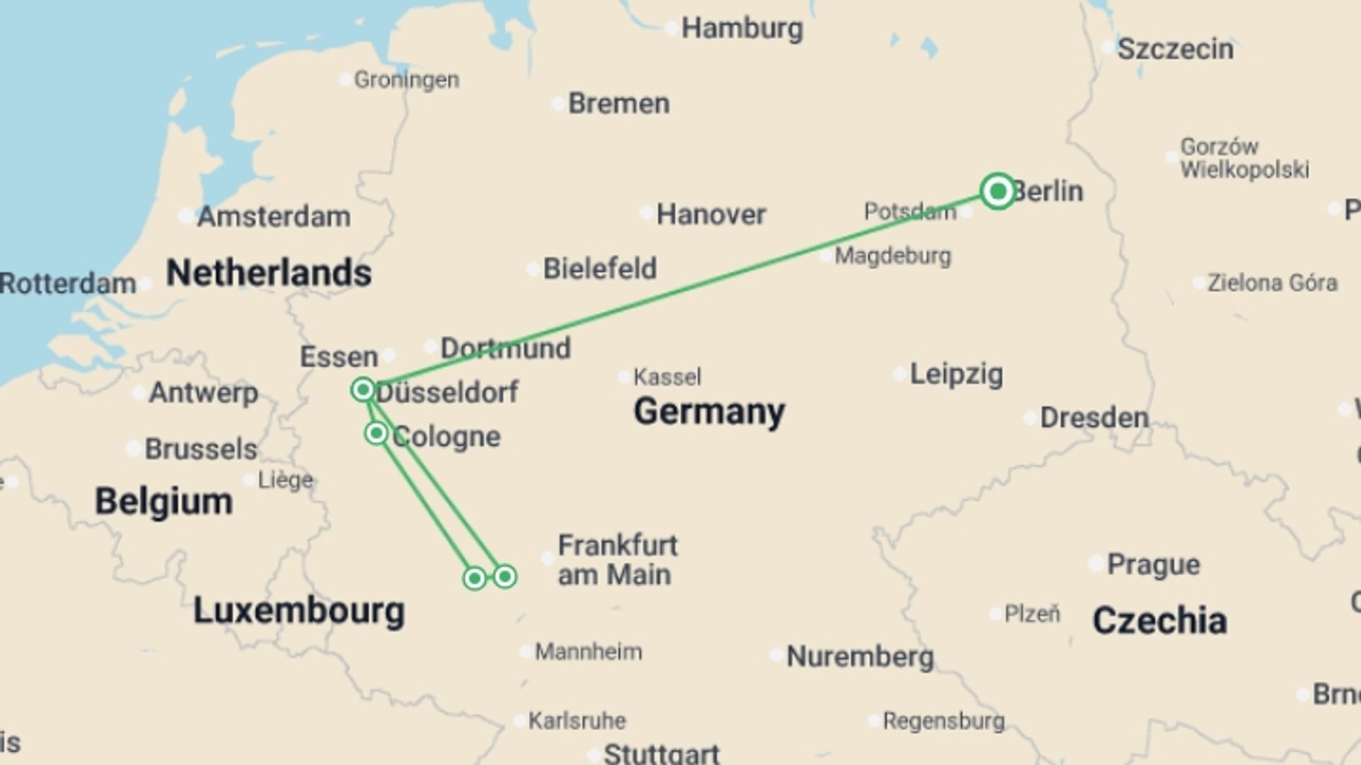 A map showing the tour itinerary for the trip: Autumn Scenery Cruise - Standard-MS VISTARIO, starting in Berlin, Germany and ending in Berlin, Germany going through 3 other destinations.