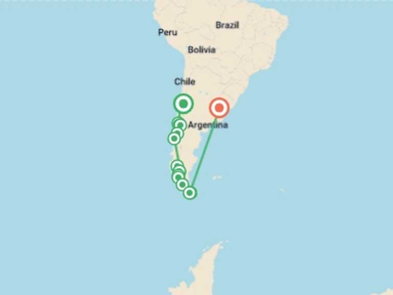 Map itinerary of South America Tour in February 2027 with 15 destination visits for the trip: Patagonia Encompassed - 20 Days