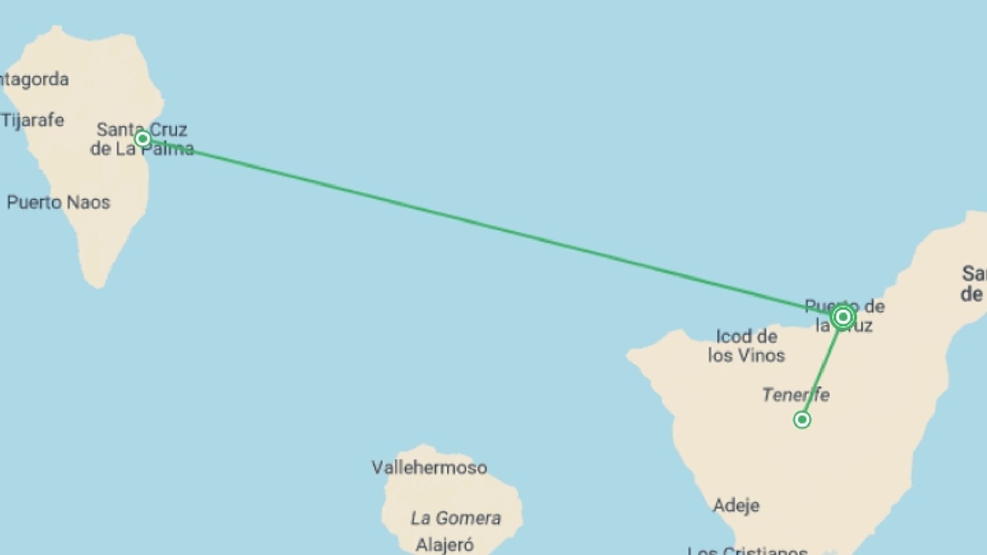 A map showing the tour itinerary for the trip: Tenerife Culture & Beach (4 Star) - 8 days, starting in Puerto De La Cruz, Spain and ending in Puerto De La Cruz, Spain going through 0 other destinations.