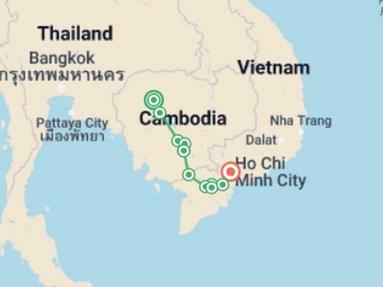 Map of 9-Day Ho Chi Minh City Tour with 6 destination visits for the trip: From Siem Reap to the Mekong Delta (port-to-port cruise)