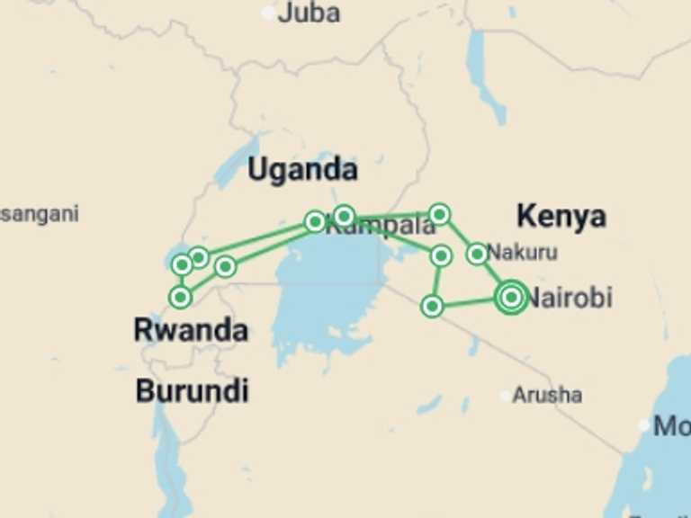 Map itinerary of Africa Tour in February 2027 with 11 destination visits for the trip: Gorillas & Game Parks