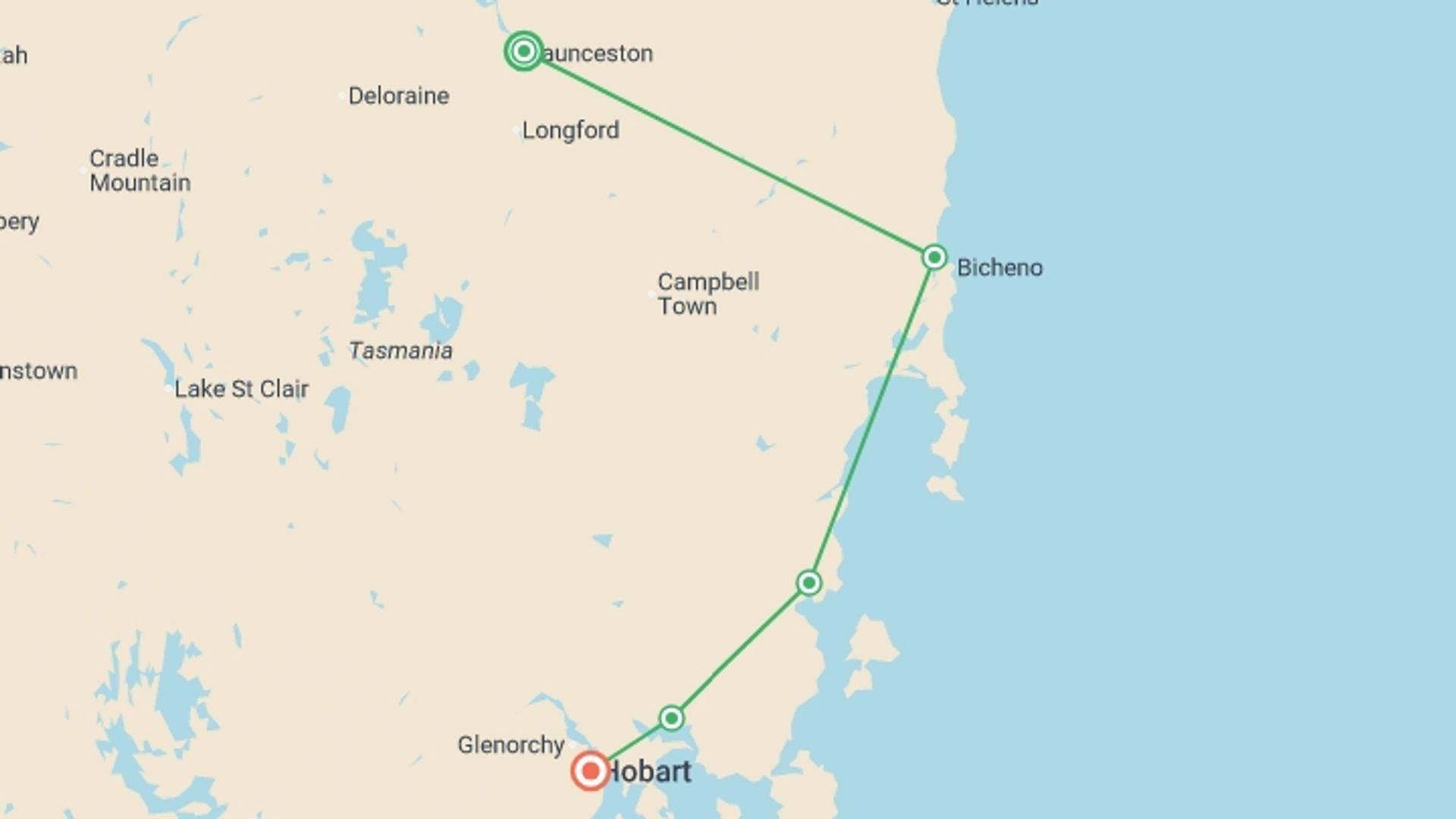 A map showing the tour itinerary for the trip: Tassie Getaway, starting in Launceston, Australia and ending in Hobart, Australia going through 3 other destinations.