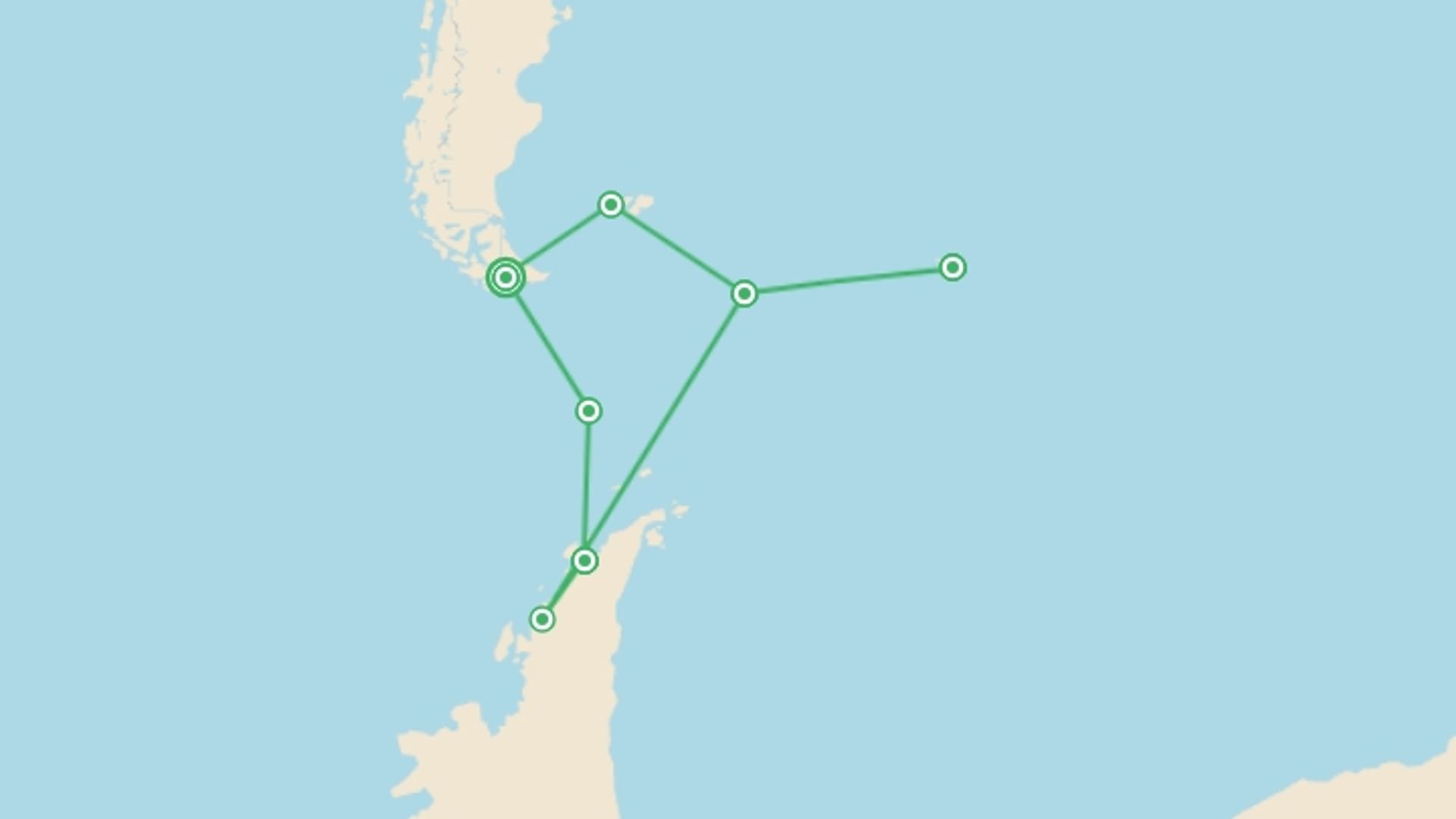 A map showing the tour itinerary for the trip: Antarctic Circle, South Georgia and the Falklands - M/V Greg Mortimer, starting in Ushuaia, Argentina and ending in Ushuaia, Argentina going through 10 other destinations.