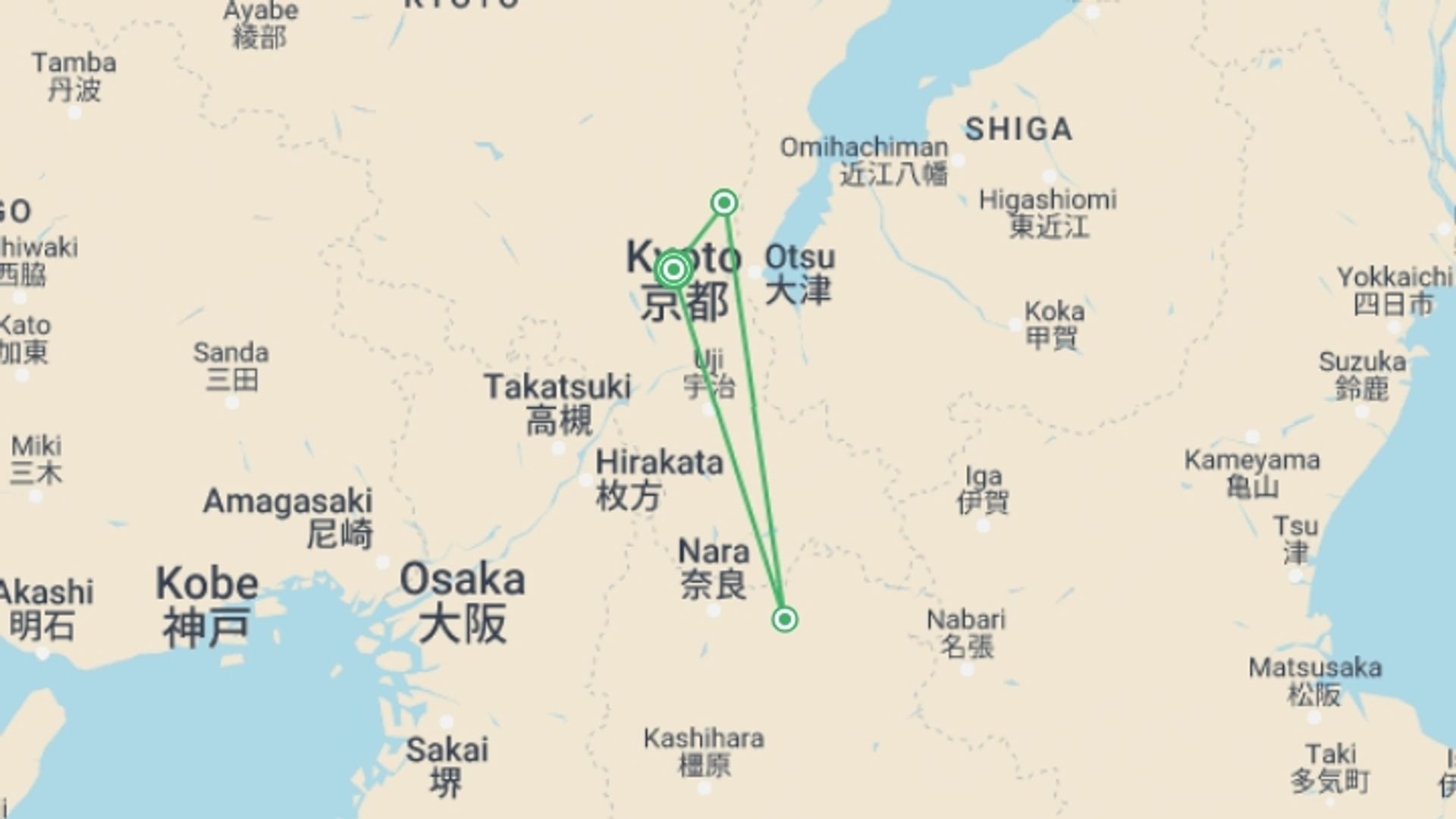 A map showing the tour itinerary for the trip: Japan Heritage, starting in Kyoto, Japan and ending in Kyoto, Japan going through 2 other destinations.