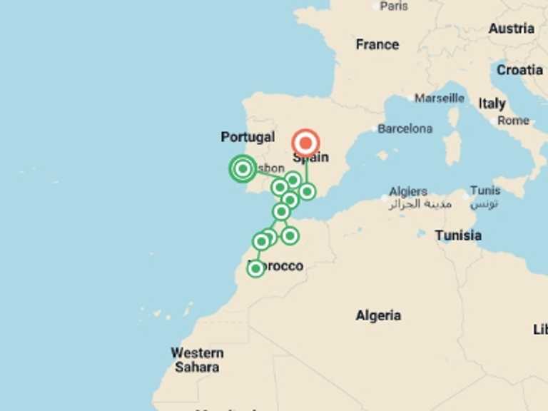 Map of Europe Tour with 9 destination visits for the trip: Iberian & Moroccan Grand Discovery - 17 days