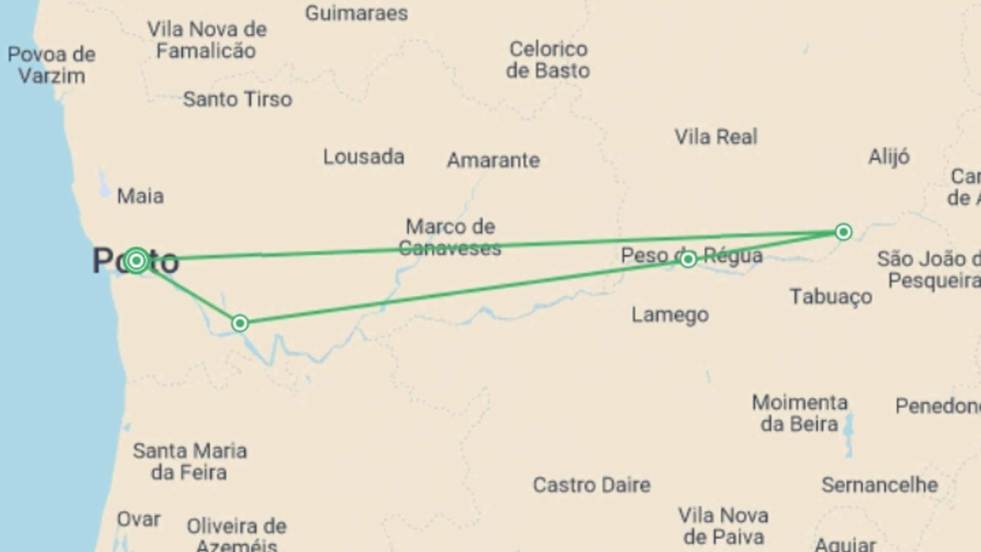 A map showing the tour itinerary for the trip: Douro Discovery Cruise - 4 days, starting in Porto, Portugal and ending in Porto, Portugal going through 2 other destinations.
