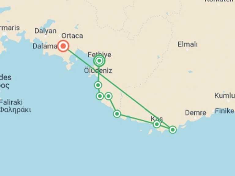 Map of Turkey Tour with 9 destination visits for the trip: Hiking Turkey's Lycian Way