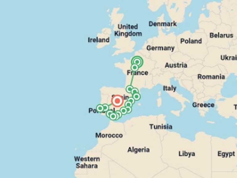Map of France and Spain Tour with 10 destination visits for the trip: Paris Lourdes and Best of Spain and Portugal